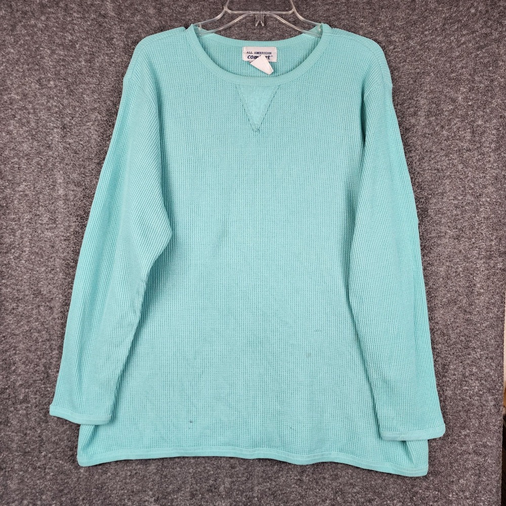 All American Comfort Thermal Top Womens 1X Aqua Blue Waffle Knit Long Sleeve